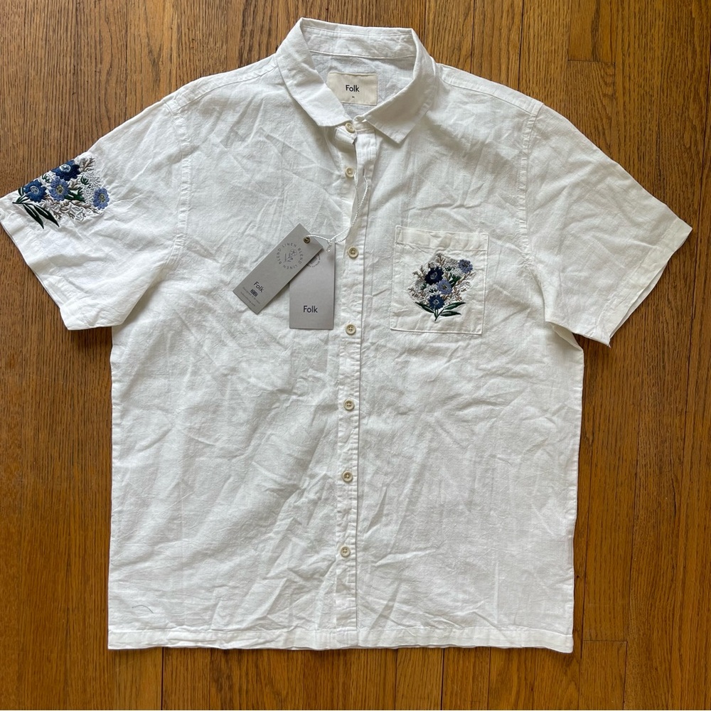 Folk White Casual Button Down Shirt with Blue Floral Embroidery